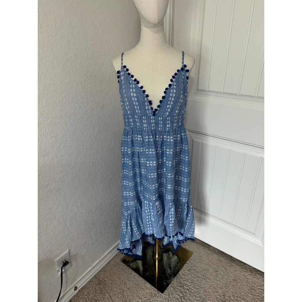 Blue Pom Pom Trim Dress Sleeveless Casual Summer Mini Dress Size L madein Brazil